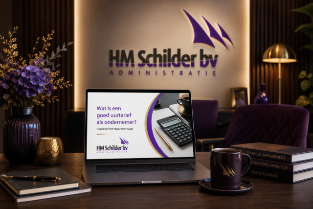 Laptop met de HM Schilder Uurtarief Check in een luxe kantooromgeving voor ondernemers die hun uurtarief willen berekenen.